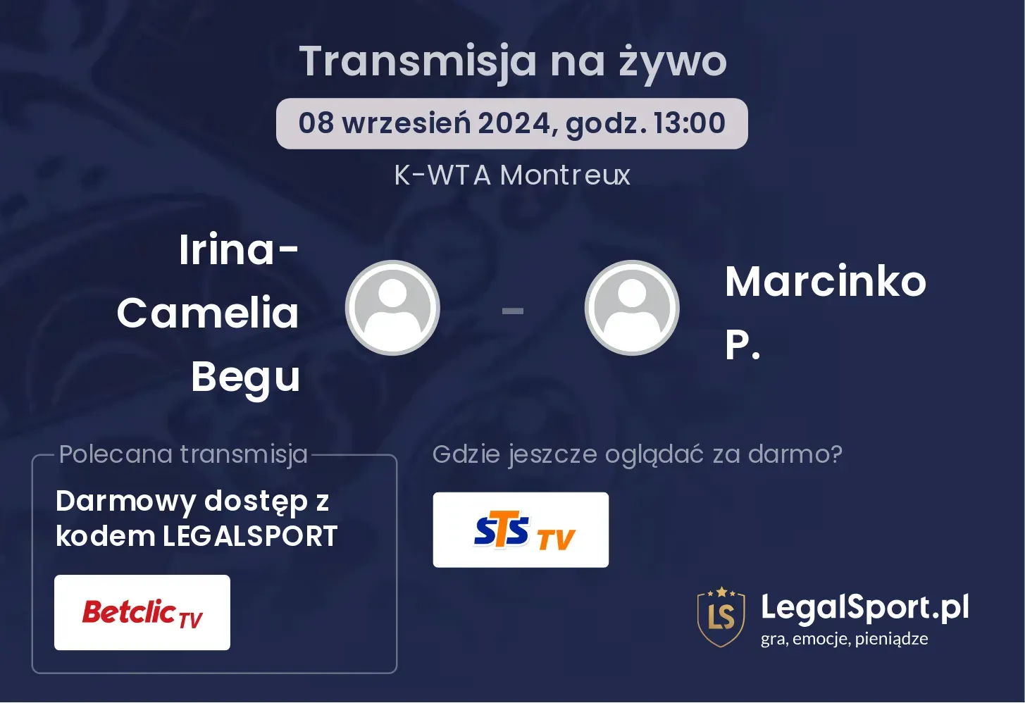 Irina-Camelia Begu - Marcinko P. gdzie oglądać? 08.09, godz. 13:00