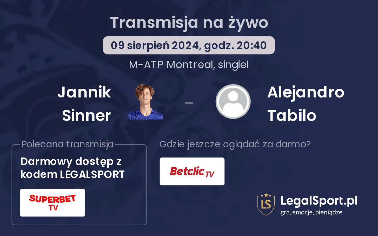 Jannik Sinner - Alejandro Tabilo gdzie oglądać za darmo? (09.08, godz. 20:40)