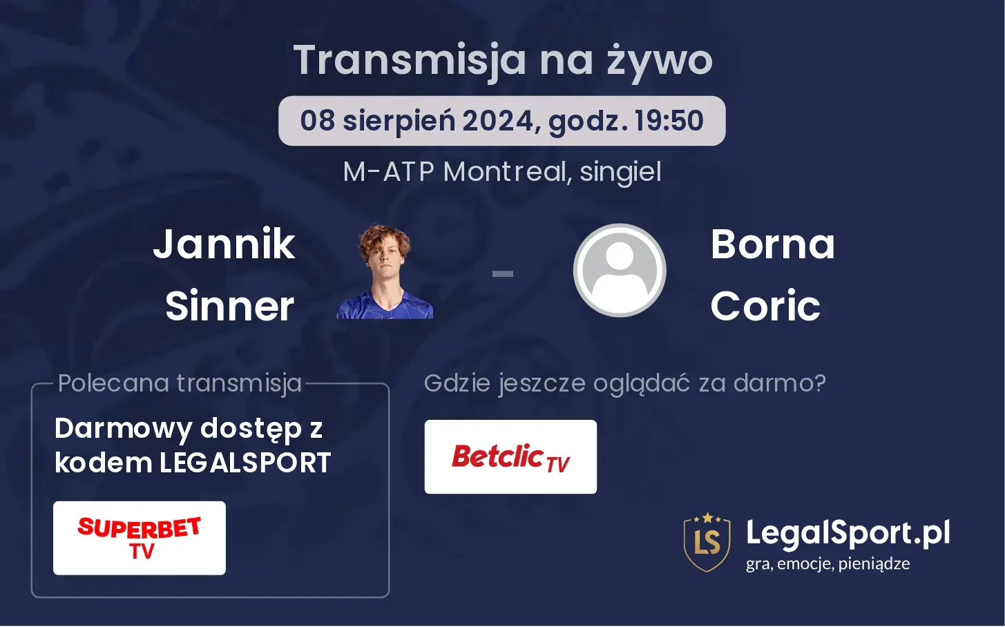 Jannik Sinner - Borna Coric gdzie oglądać za darmo? (08.08, godz. 19:50)