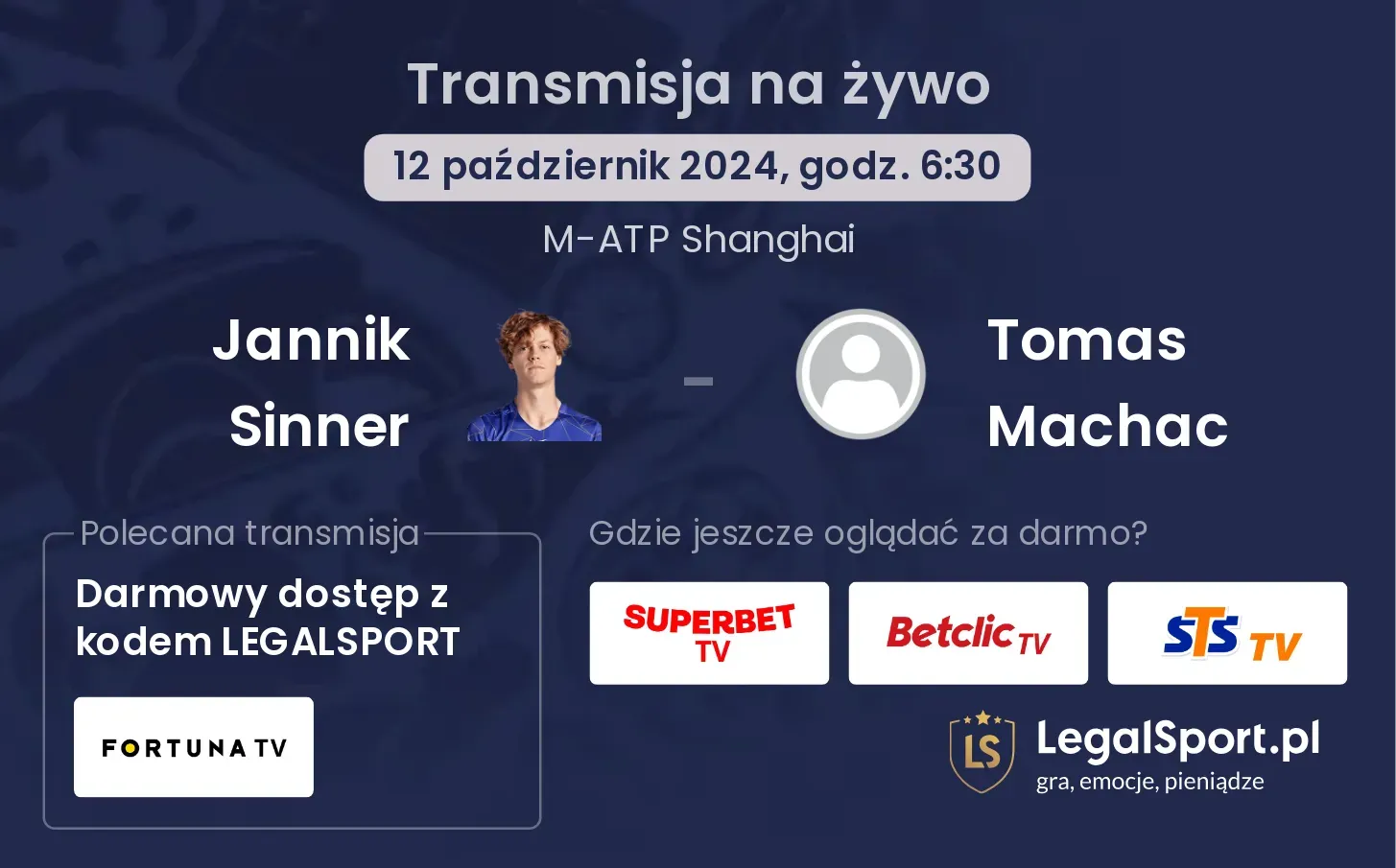 Jannik Sinner - Tomas Machac gdzie oglądać? 12.10, godz. 06:30