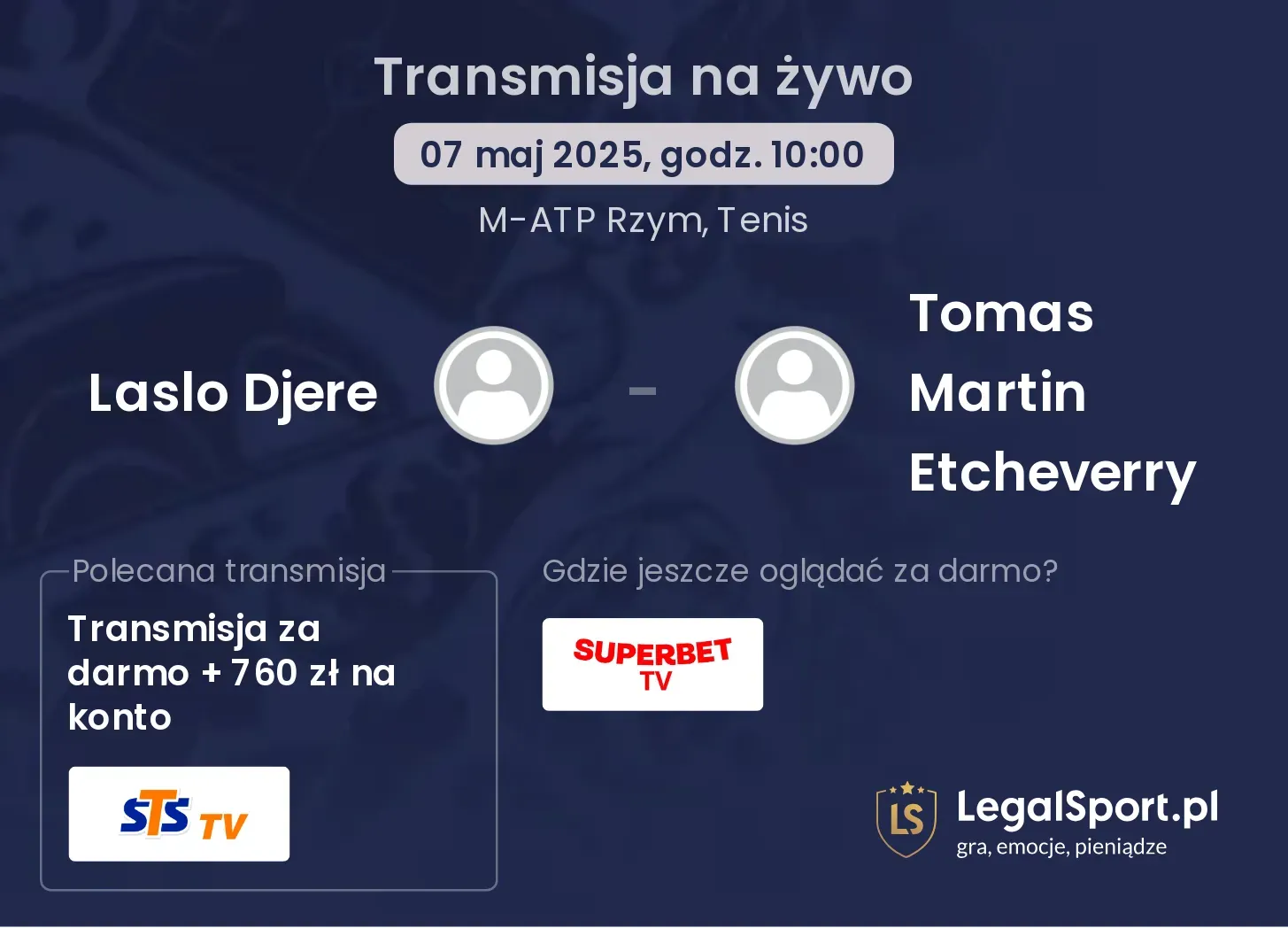 Laslo Djere - Tomas Martin Etcheverry transmisja na żywo