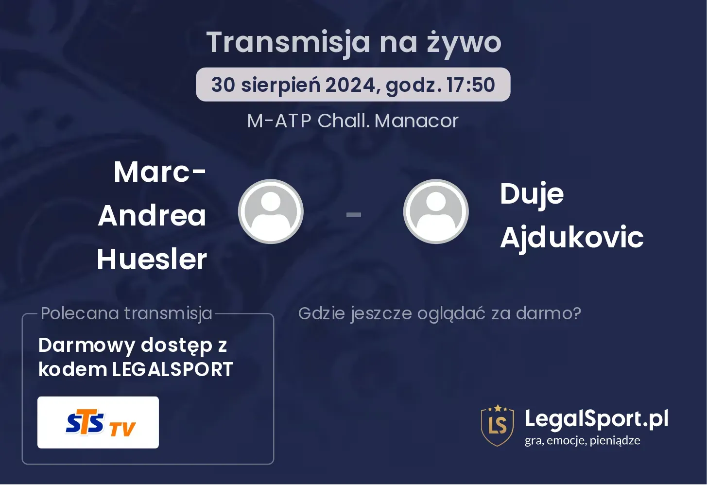 Marc-Andrea Huesler - Duje Ajdukovic gdzie oglądać? 30.08, godz. 17:50