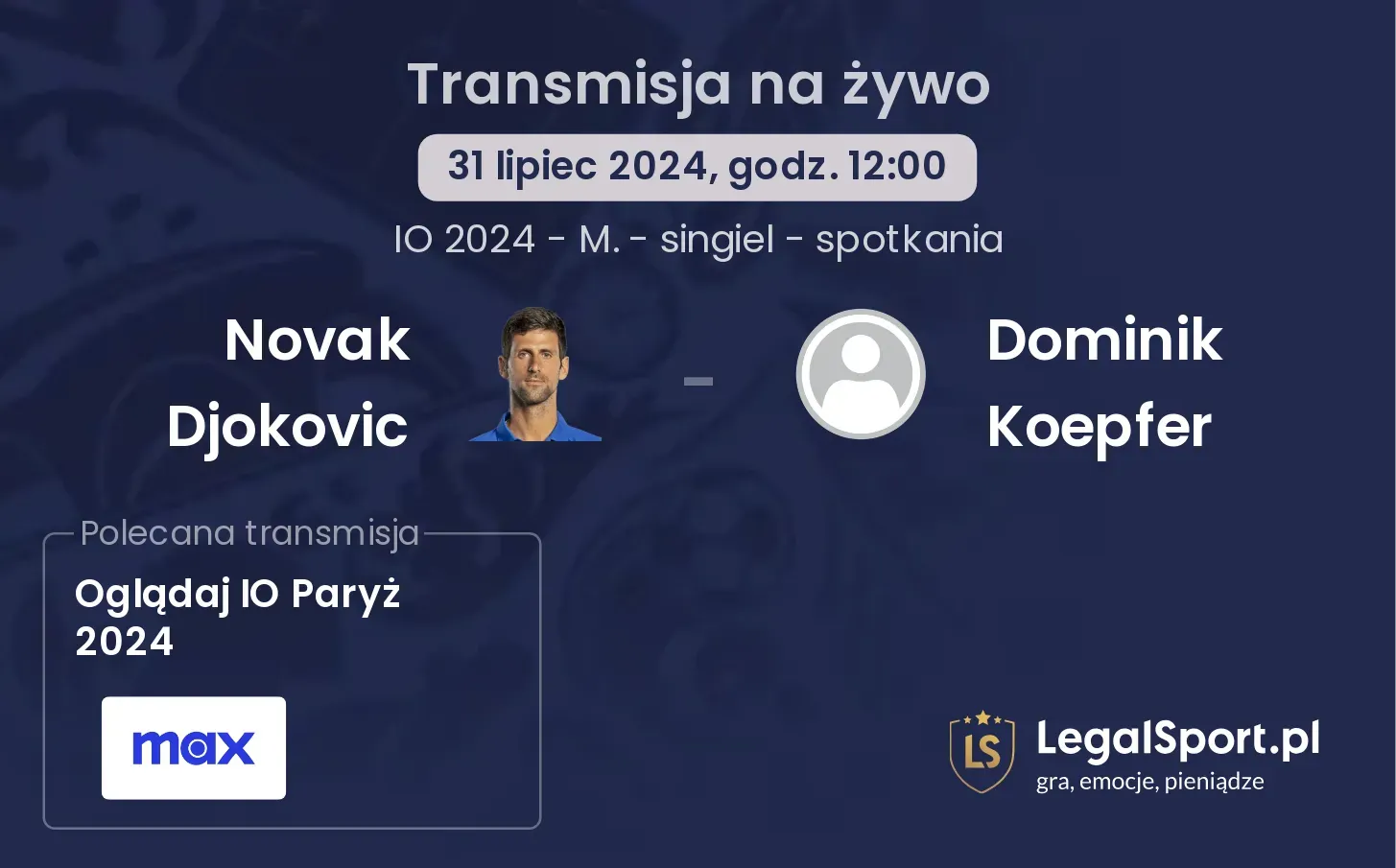 Novak Djokovic - Dominik Koepfer gdzie oglądać? (31.07, godz. 12:00)