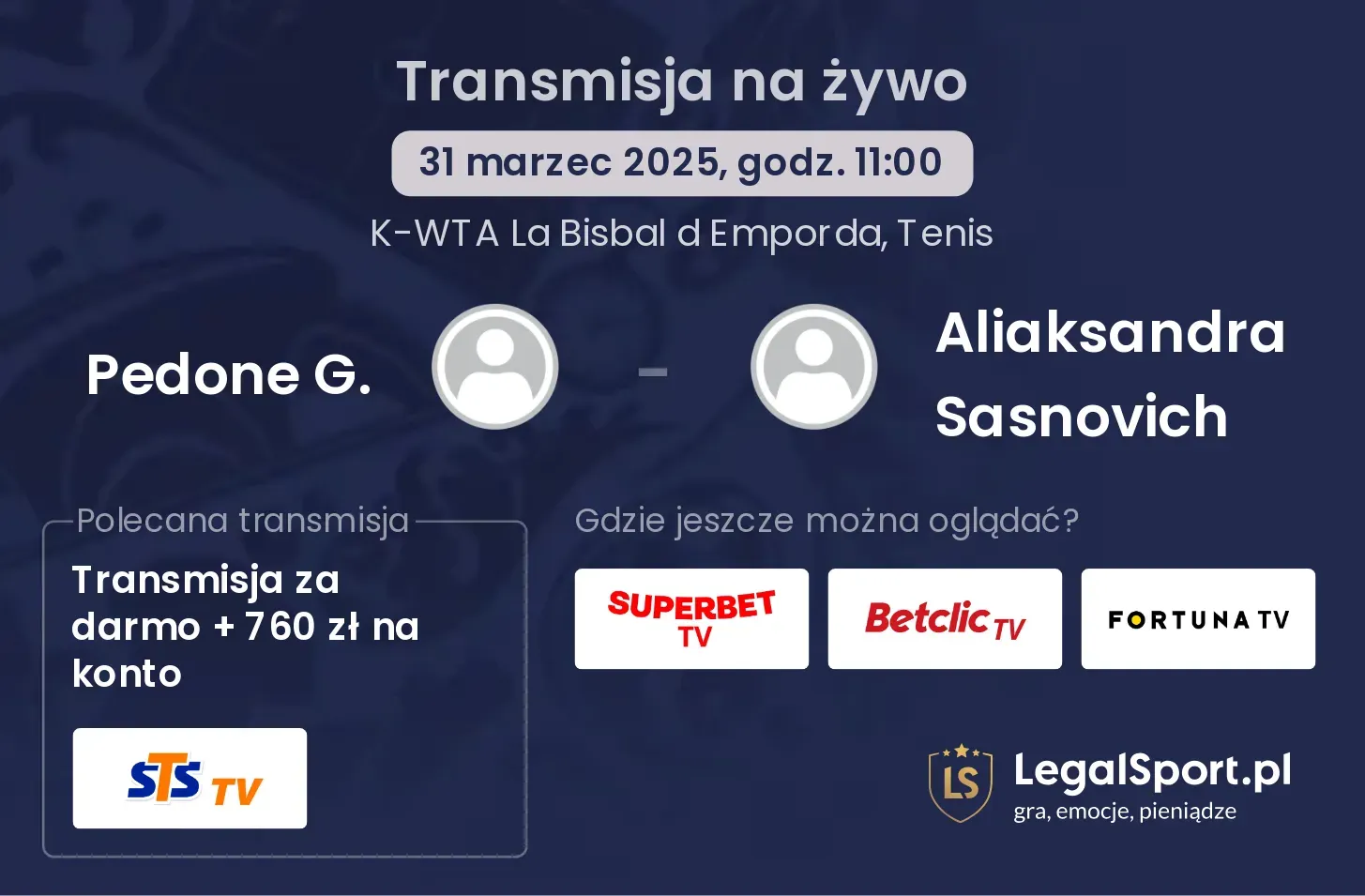Pedone G. - Aliaksandra Sasnovich gdzie oglądać?