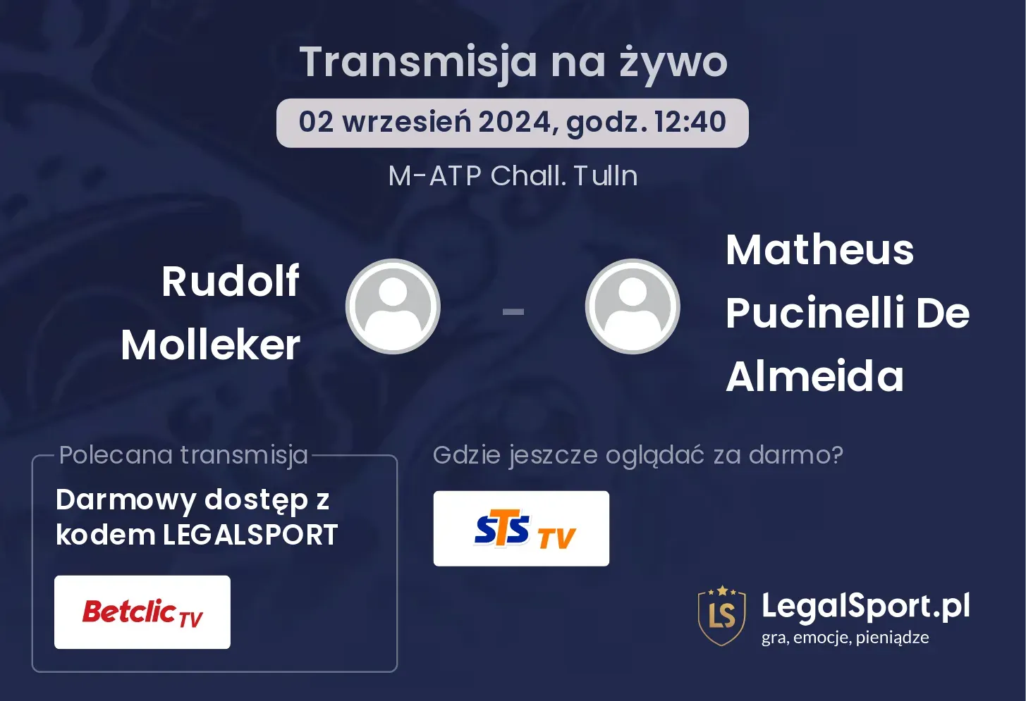 Rudolf Molleker - Matheus Pucinelli De Almeida gdzie oglądać? 02.09, godz. 12:40