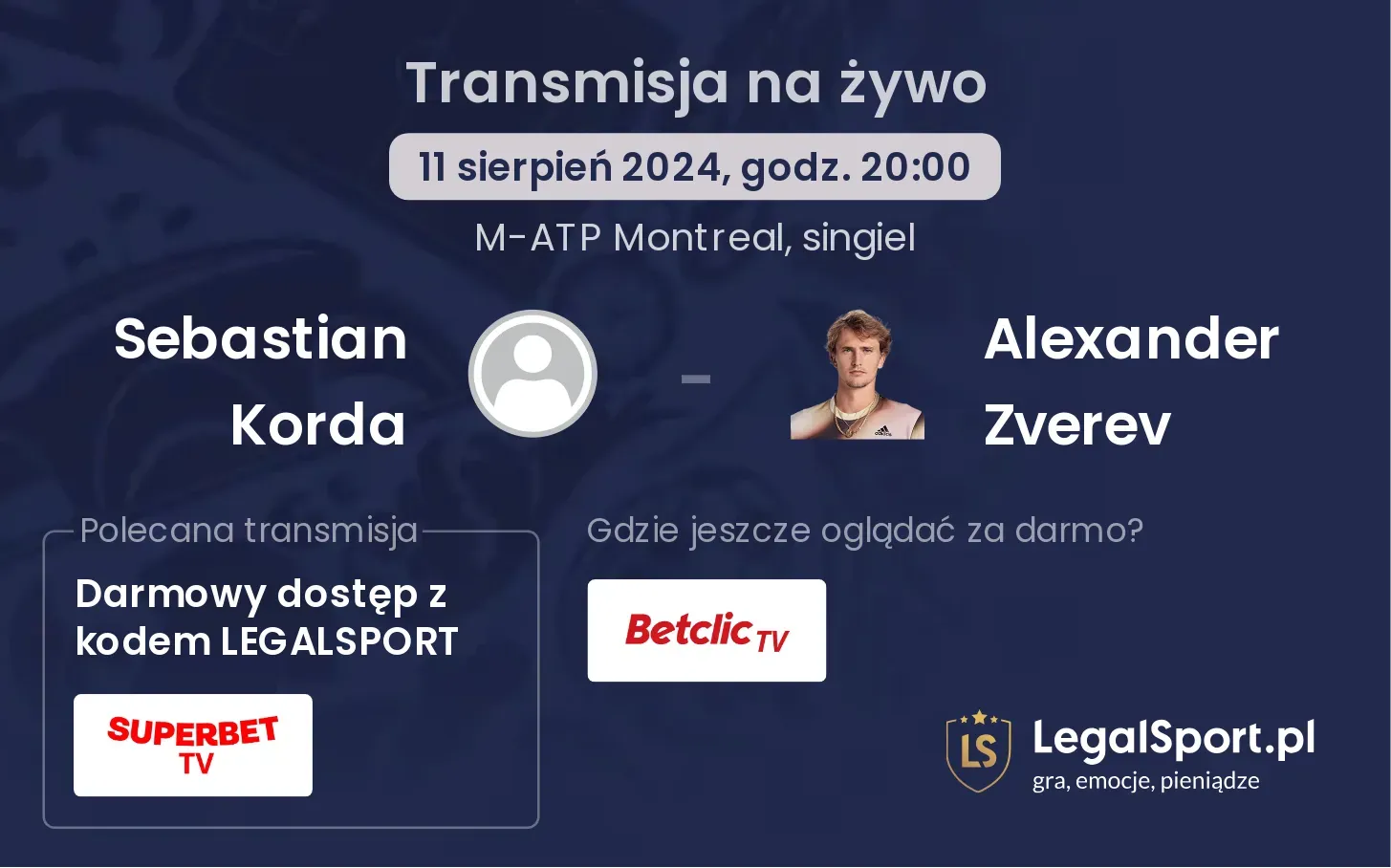 Sebastian Korda - Alexander Zverev gdzie oglądać za darmo? (11.08, godz. 20:00)
