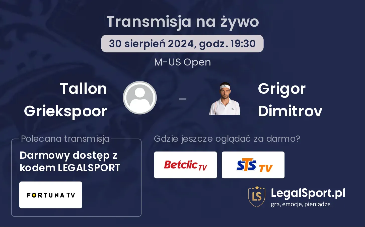 Tallon Griekspoor - Grigor Dimitrov gdzie oglądać? 30.08, godz. 19:30