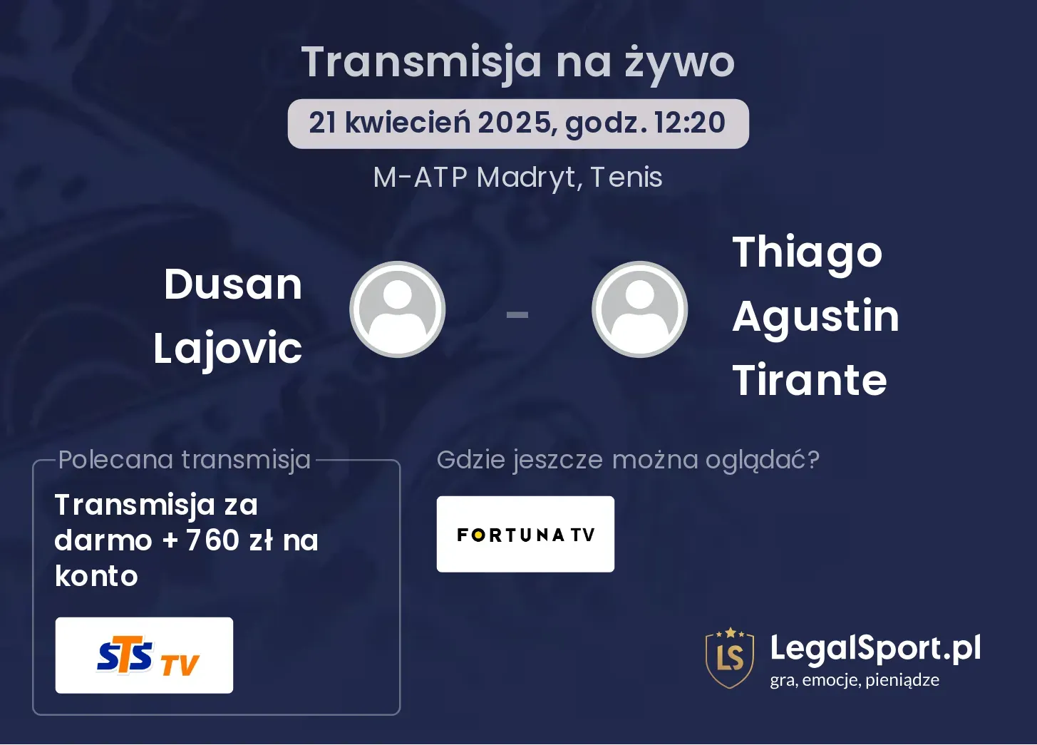 Thiago Agustin Tirante - Dusan Lajovic transmisja na żywo