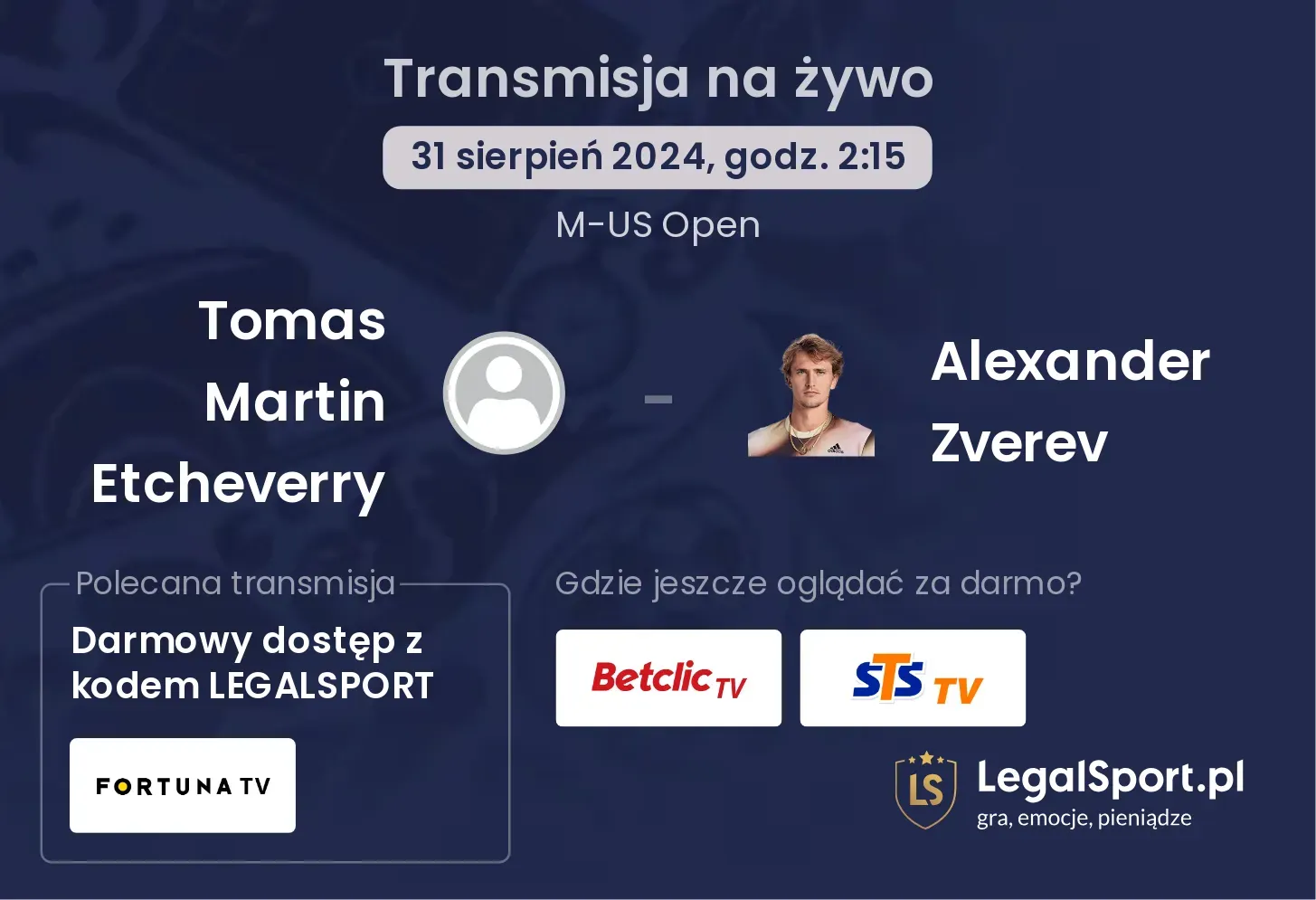 Tomas Martin Etcheverry - Alexander Zverev gdzie oglądać? 31.08, godz. 02:15