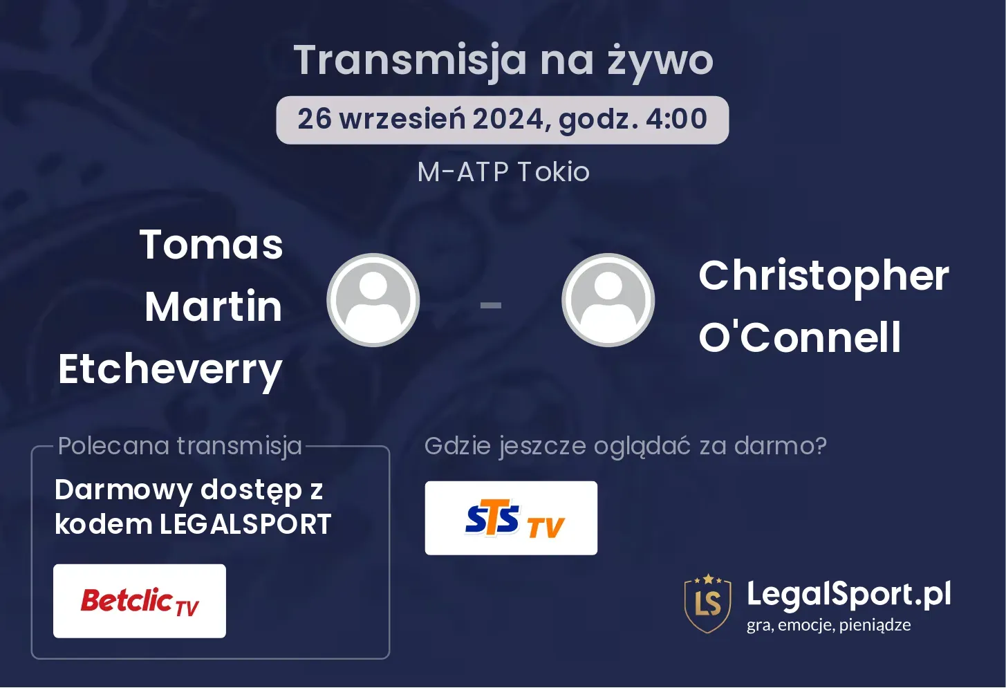 Tomas Martin Etcheverry - Christopher O'Connell gdzie oglądać? 26.09, godz. 04:00