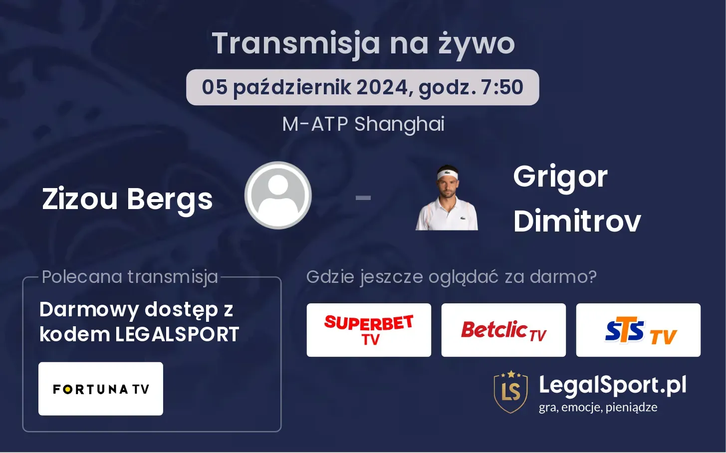 Zizou Bergs - Grigor Dimitrov gdzie oglądać? 05.10, godz. 07:50
