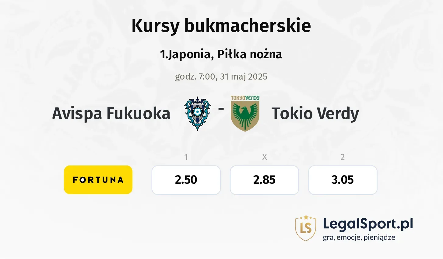 Avispa Fukuoka - Tokio Verdy typy, kursy