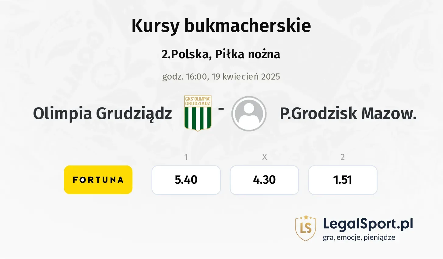 Olimpia Grudziądz - P.Grodzisk Mazow. typy, kursy