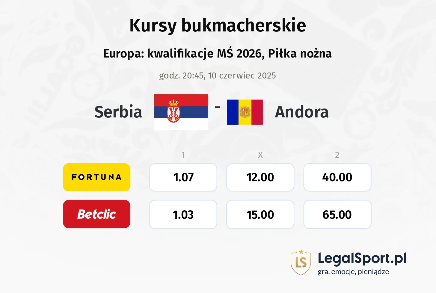 Serbia - Andora promocje bonusy na mecz