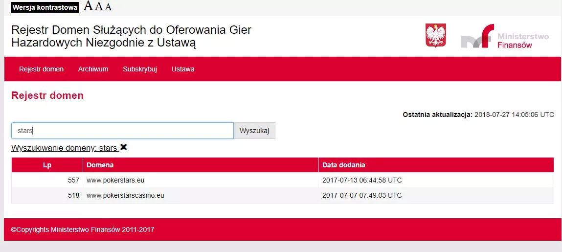 Pokestars w rządowym rejestrze domen zakazanych