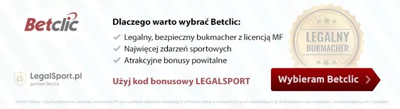 Baner z rekomendacjami dla legalnego polskiego bukmachera Betclic | Bonus online z kodem promocyjnym LEGALSPORT