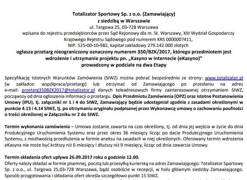 Totalizator Sportowy uruchomi e-kasyno online