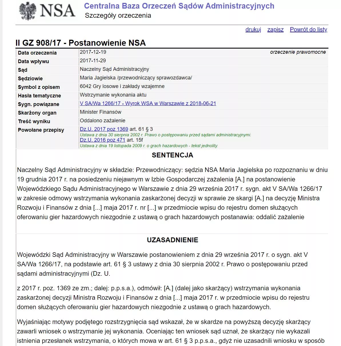 screen wyroku NSA - blokowanie nielegalnych bukmacherów