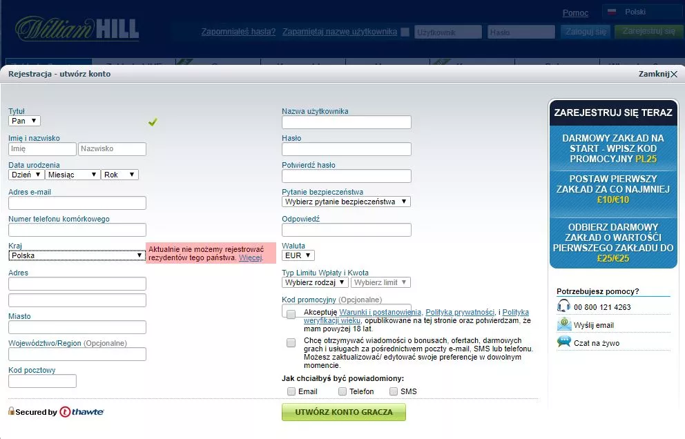 screen panelu rejestracyjnego u buka William Hill