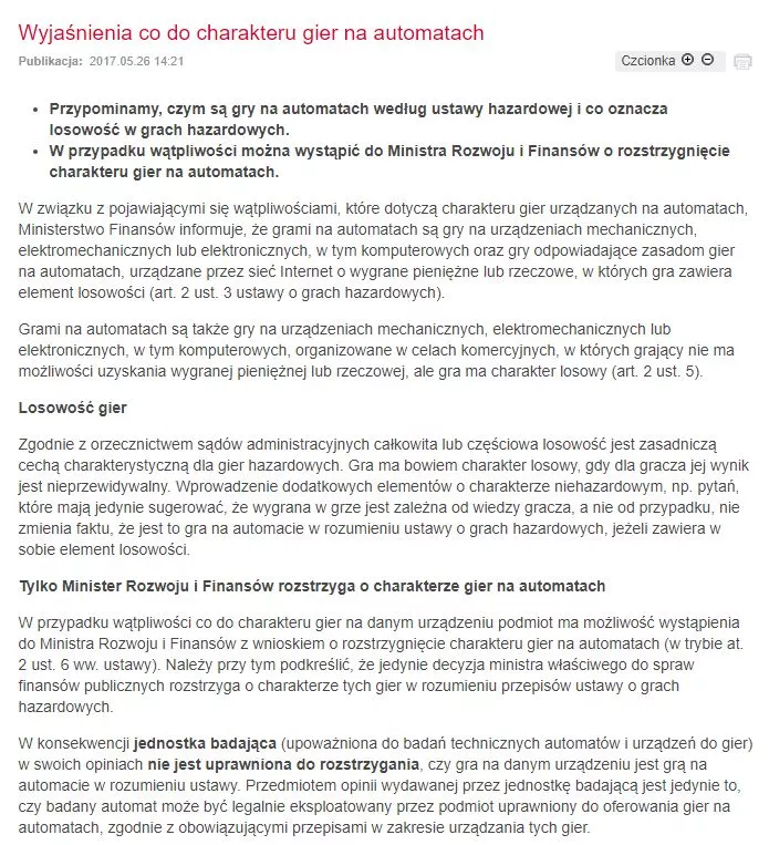 Komunikat Ministerstwa Finansów dotyczący gier na automatach