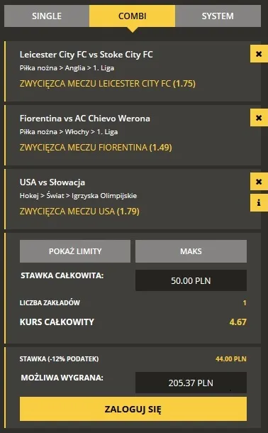 Przykładowy kupon bukmacherski zawarty u bukmachera Fortuna