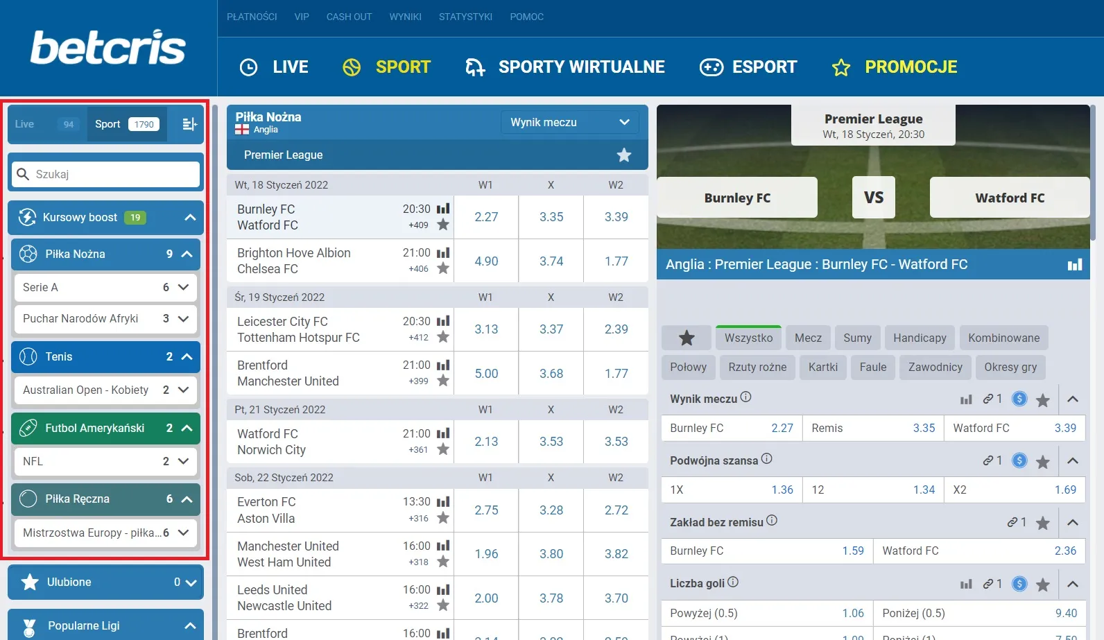 Boosty kursowe w Betcris Zakłady Bukmacherskie