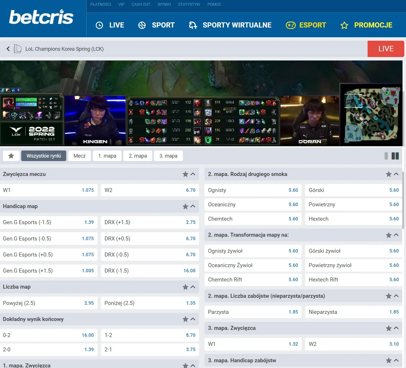 Oferta bukmacherska na e-sport w Betcris Polska. Typy esportowe z wysokimi kursami i relacjami LIVE