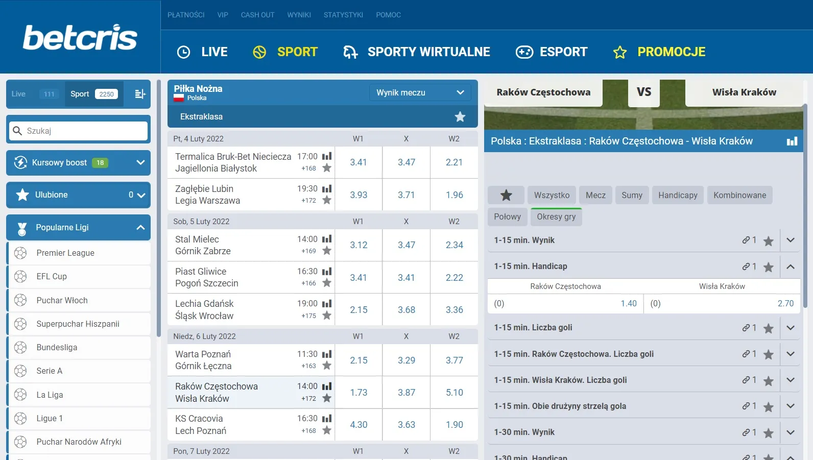 Oferta bukmacherska na polską Ekstraklasę u bukmachera z licencją - Betcris