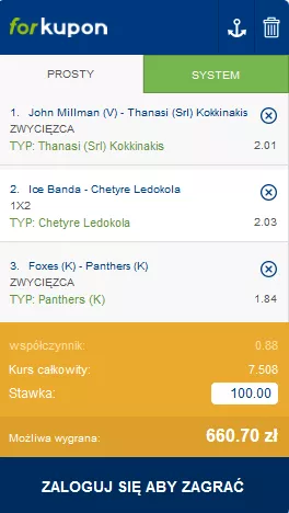 Przykładowy kupon w forBET Zakłady Bukmacherskie - ciekawa wygrana za stawkę bonusową