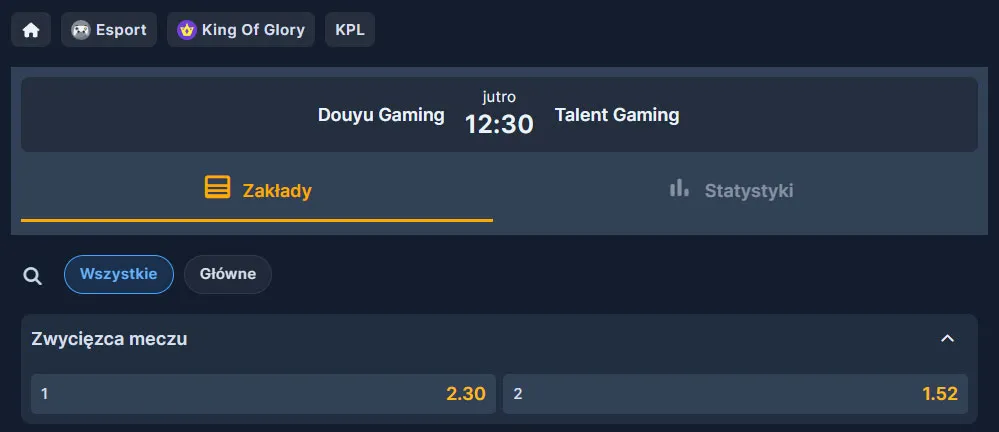Zakłady bukmacherskie na zwycięzcę w meczu King of Glory