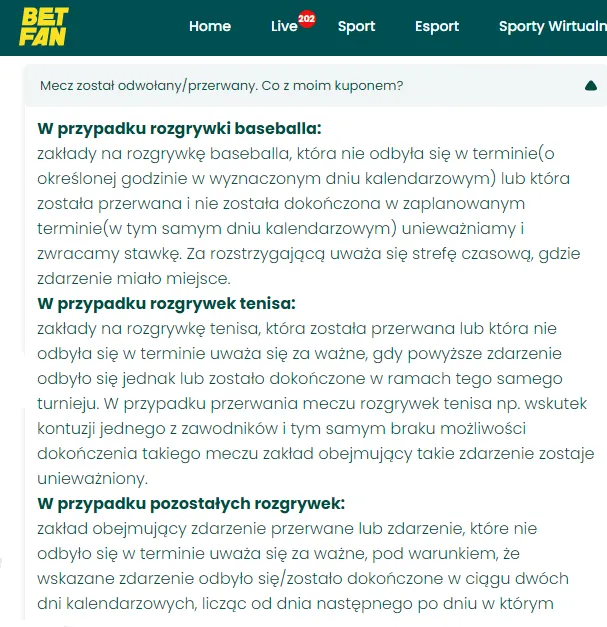 Jak bukmacher BETFAN rozlicza typy na przełożone zdarzenie?