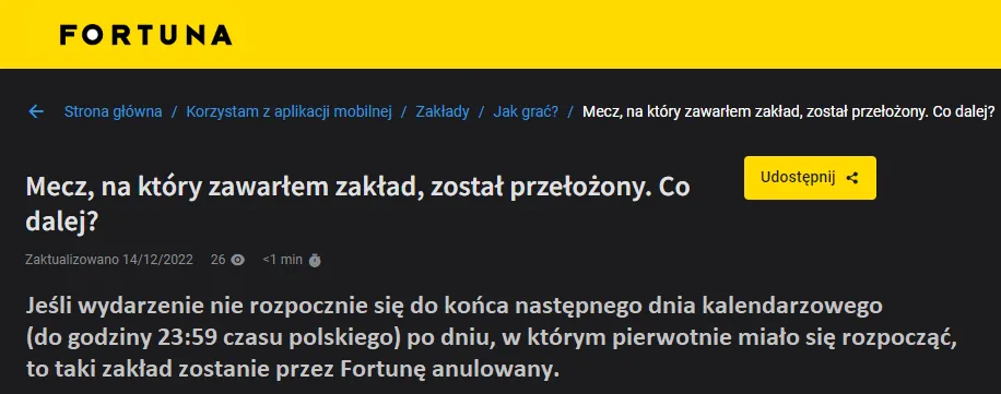 Zasady rozliczania przełożonego meczu w Fortunie
