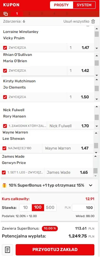 Przykładowy kupon na darta w Superbet