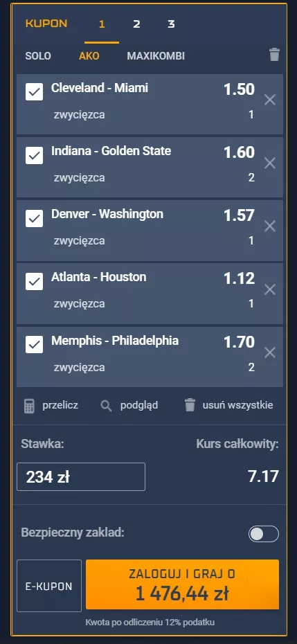 Kupon bukmacherski na NBA zawarty w Star-Typ Sport. Typy na zakładzie z oferty na NBA