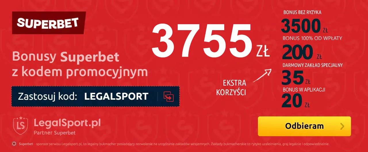 Pakiet powitalnych bonusów Superbet z kodem LEGALSPORT - infografika z kwotami bonusów