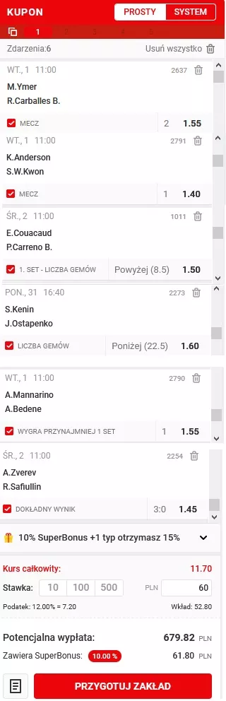 Kupon AKO na tenis z ektra promocją w Superbet