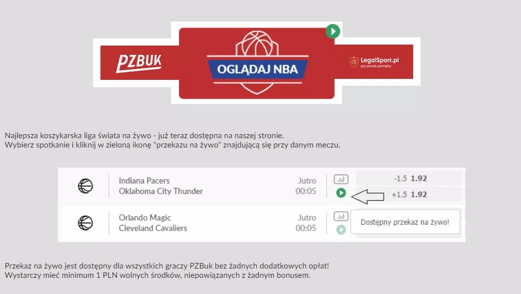 Legalny streaming meczów NBA w Polskie Zakłady Bukmacherskie (PZBuk)