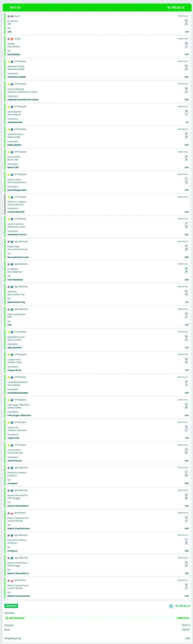 Kupon z zakładami AKO - 23 zdarzenia