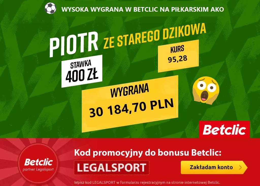 Wygrał 30 000 zł za proste AKO w Betclic