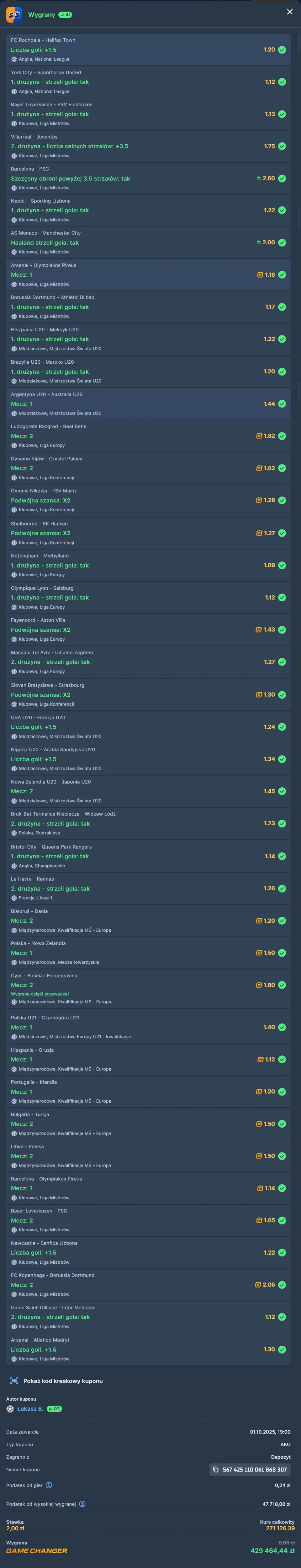 Wygrany kupon z Gamechanger