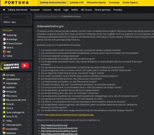 Screen regulaminu odpowiedzialnej gry bukmachera Fortuna