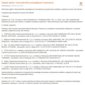 screen listy bukmacherów z licencją MF na organizowanie zakładów wzajemnych online