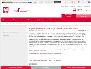 screen komunikatu MF dotyczącego automatów do gier