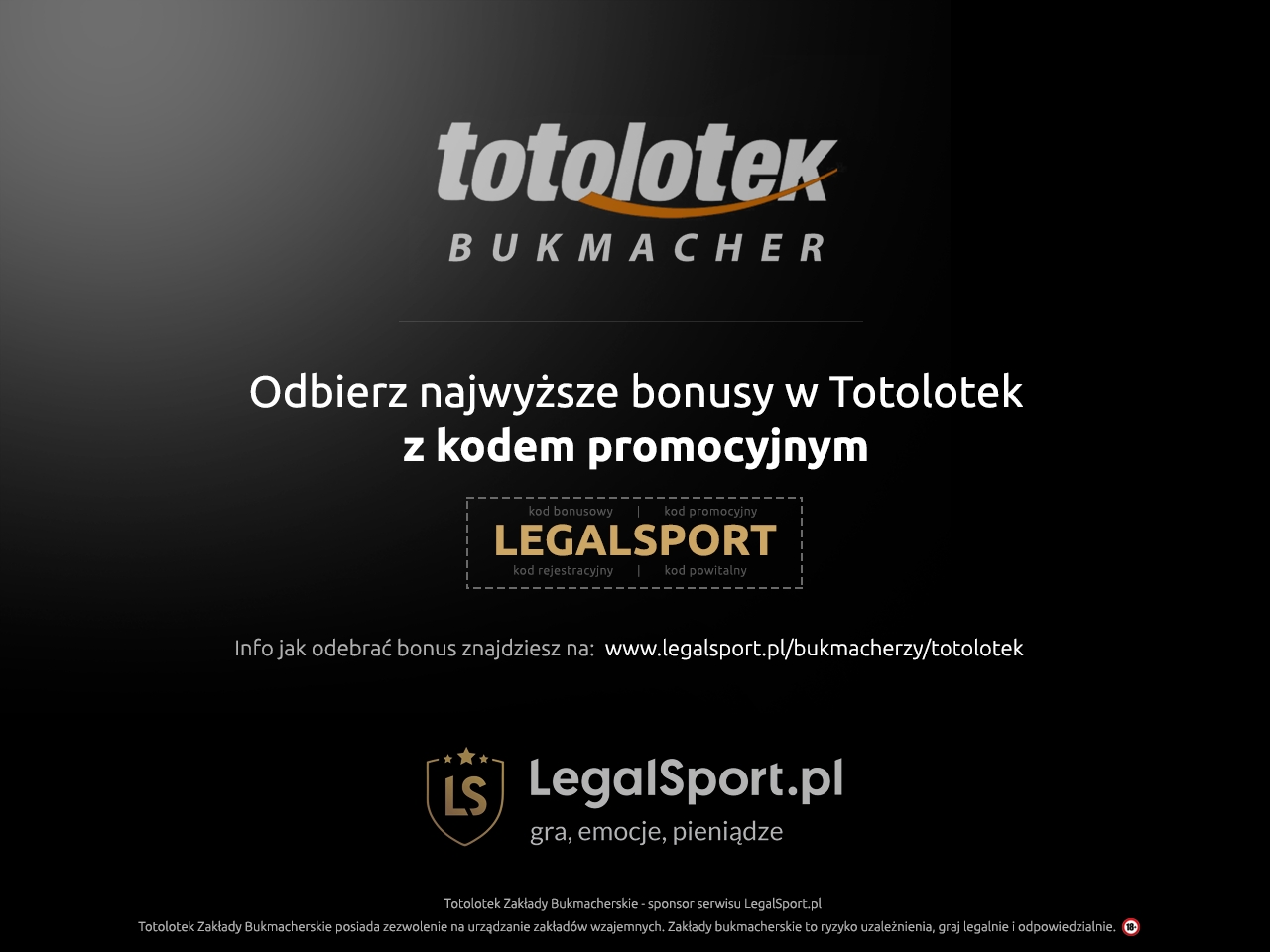 Totolotek - logo bukmachera i kod rejestracyjny LEGALSPORT kod promocji LEGALSPORT w Totolotku