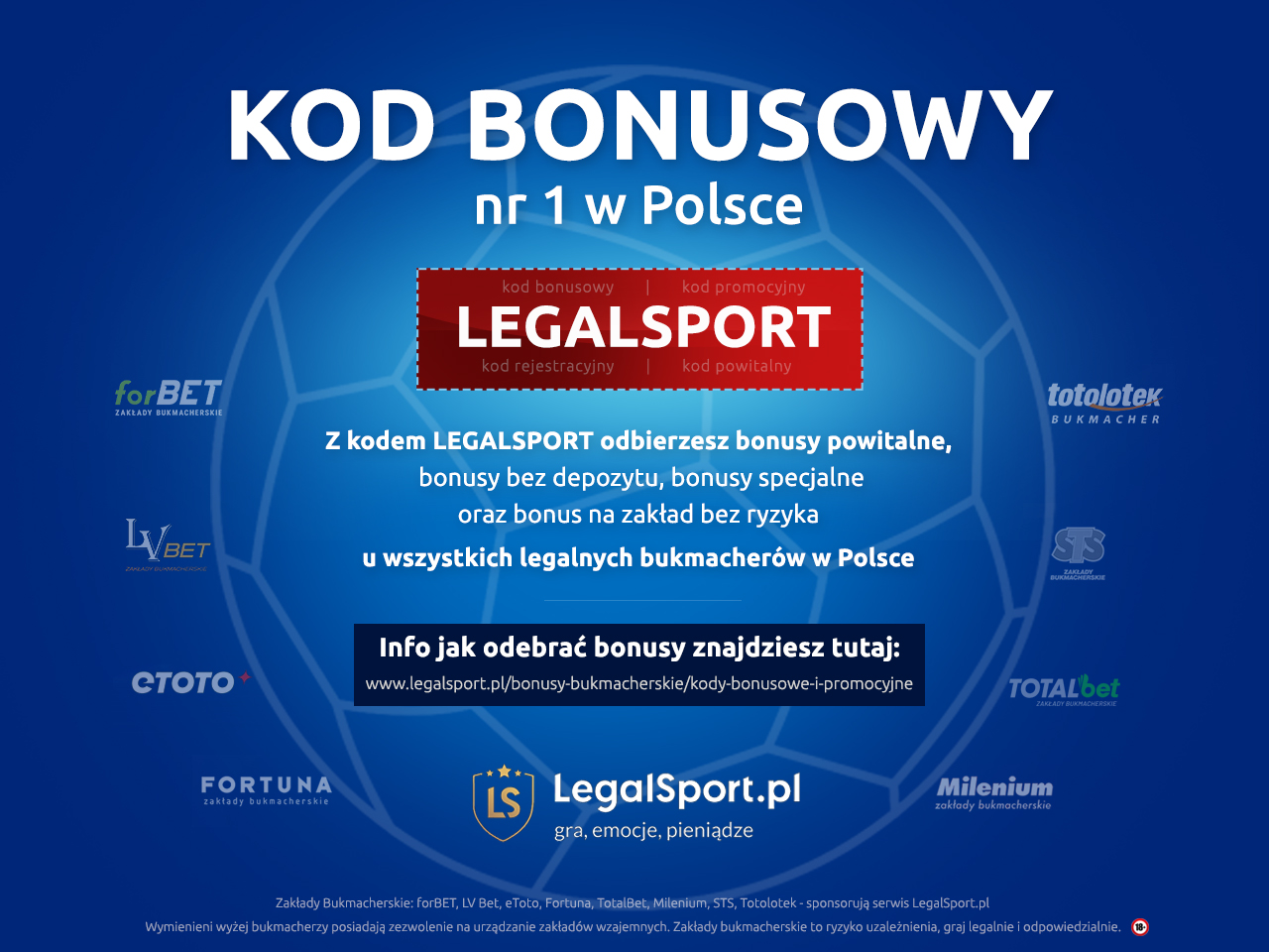 Kod bonusowy do bukmachera LEGALSPORT - najwyższe na rynku bonusy powitalne