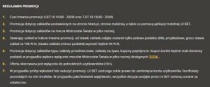 Screen regulaminu buka LVbet na ćwierćfinałowe mecze MŚ 2018