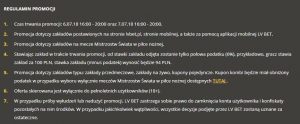 LVbet - regulamin mundialowej promocji Screen regulaminu buka LVbet na ćwierćfinałowe mecze MŚ 2018