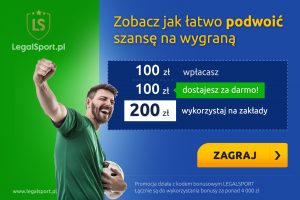 Kod promocyjny LEGALSPORT pozwala zwiekszyć środki na zakłady Kod promocyjny pozwala podwoić stawkę na zakłady