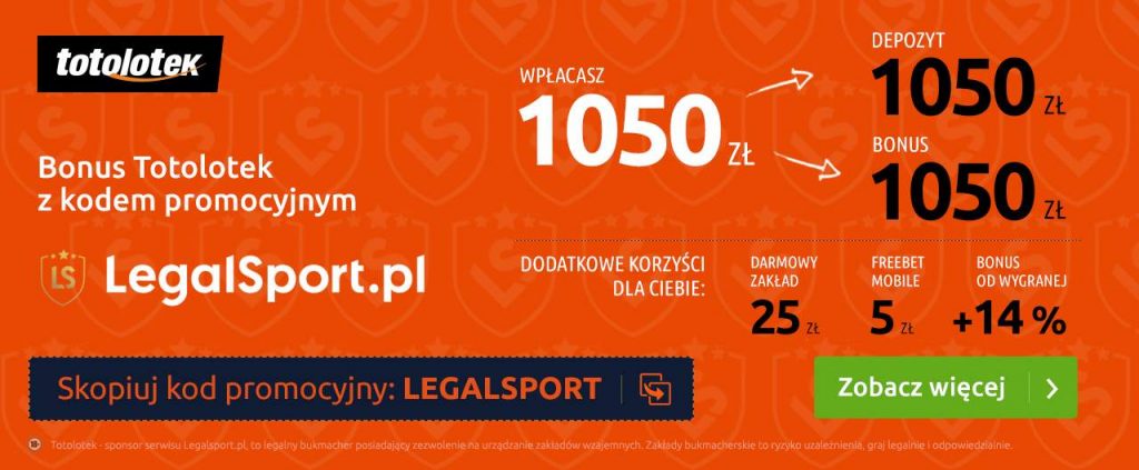 1 050 zł i freebet 25 zł na start u bukmachera Totolotek Totolotek: najlepszy bonus powitalny z kodem LEGALSPORT