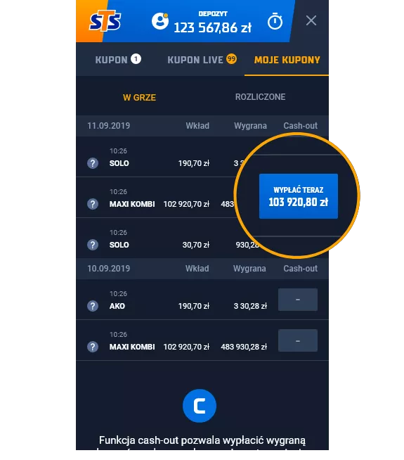 Cashout za pomocą aplikacji mobilnej w STS